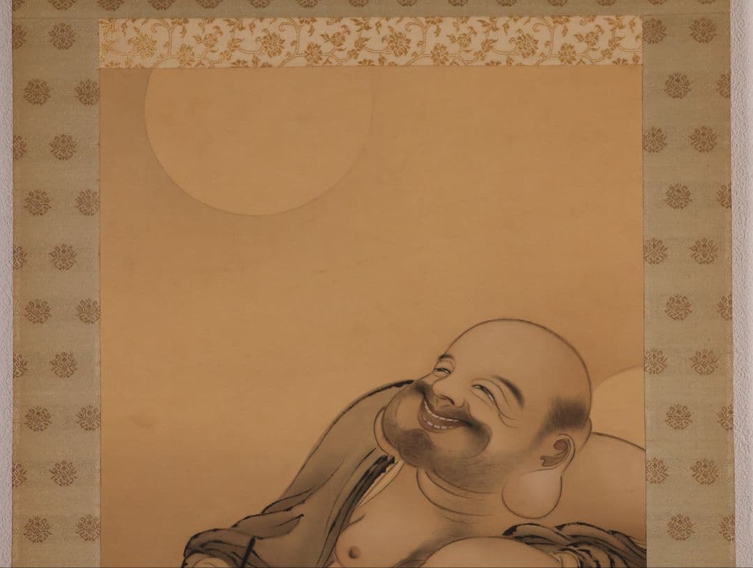 【模写】日本画 杉木月嘯 月見布袋図 絹本 掛軸 MB12