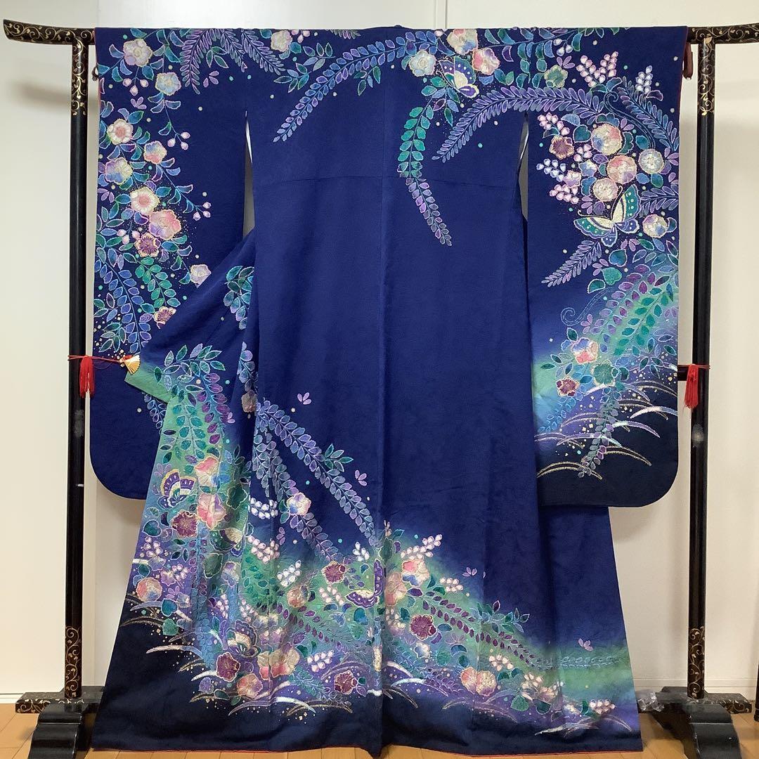 彦兵衛mini】やまと謹製！正絹振袖・長襦袢セット〜群青色地に辻ヶ花