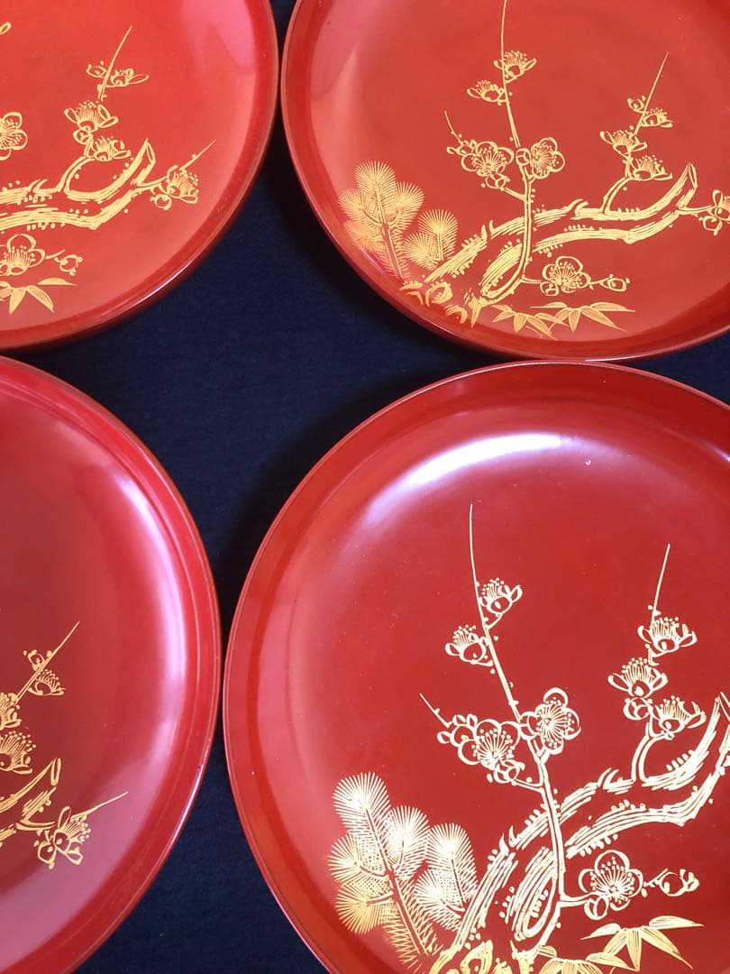 割引❗️《R》洗朱 沈金松竹梅図 銘々皿10客 木製漆器 250807F5