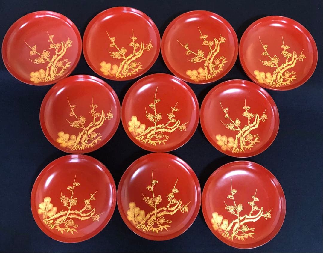 割引❗️《R》洗朱 沈金松竹梅図 銘々皿10客 木製漆器 250807F5