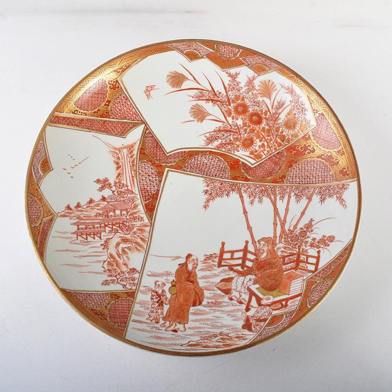 九谷焼 加賀九谷 清水美山堂造 赤絵金彩 人物花文 大皿 飾皿 M