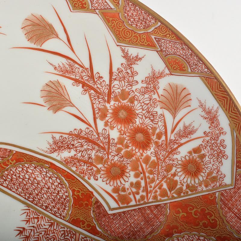 九谷焼　加賀九谷　清水美山堂造　赤絵金彩　人物花文　大皿　飾皿　M　R6141C