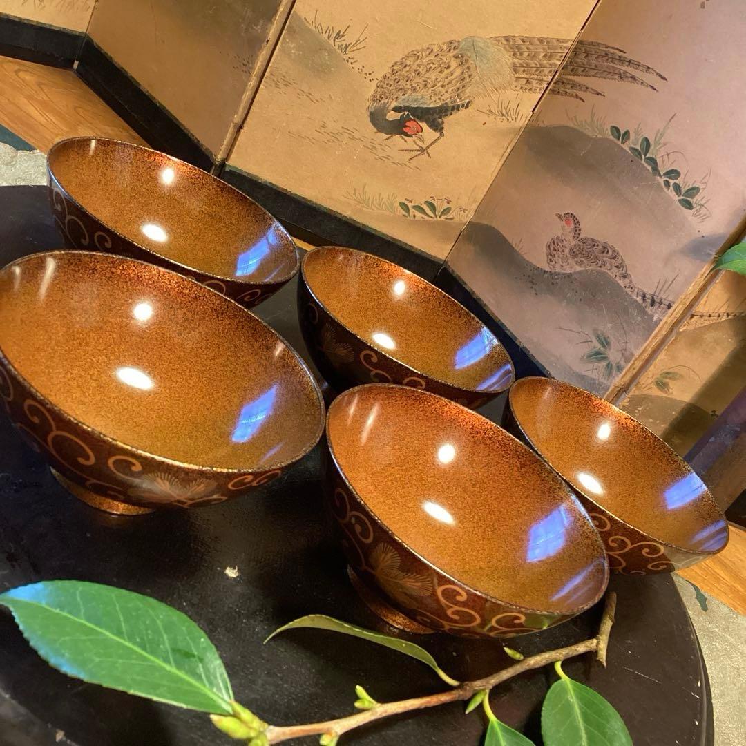 A1033 木製輪島塗　懐石道具　総梨地　松葉唐草　蒔絵　吸物椀　　5客