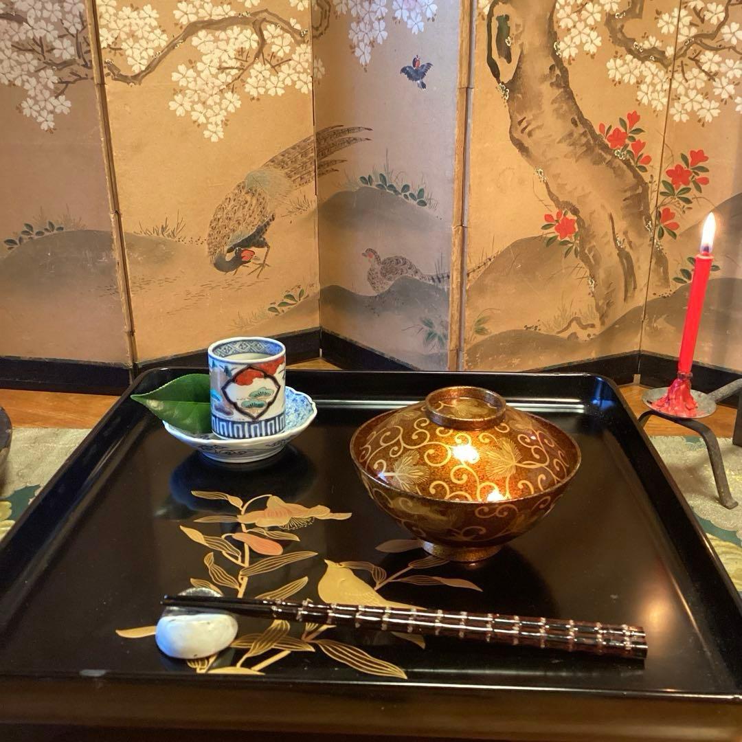 A1033 木製輪島塗　懐石道具　総梨地　松葉唐草　蒔絵　吸物椀　　5客