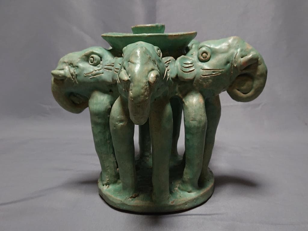 コレクター収集　　ミヤンマー　モン族　緑釉　五象燭台　15～16世紀