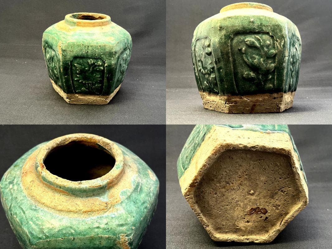 花瓶■清朝緑釉六角茶壷 石湾窯 宜興窯 浮彫紋窓絵花唐草 古玩 時代物 骨董品■