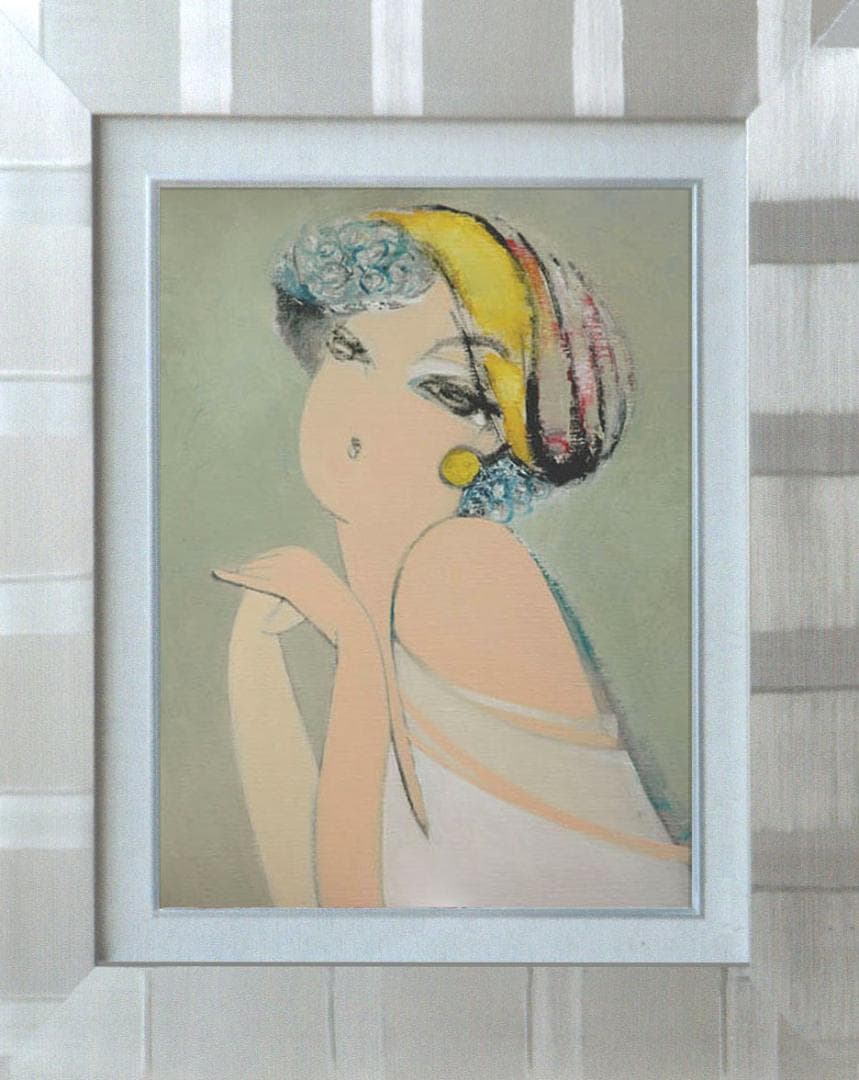 油絵 菅家令子 絵 絵画インテリア額付(青緑＋金色の枠) F6-082811女性