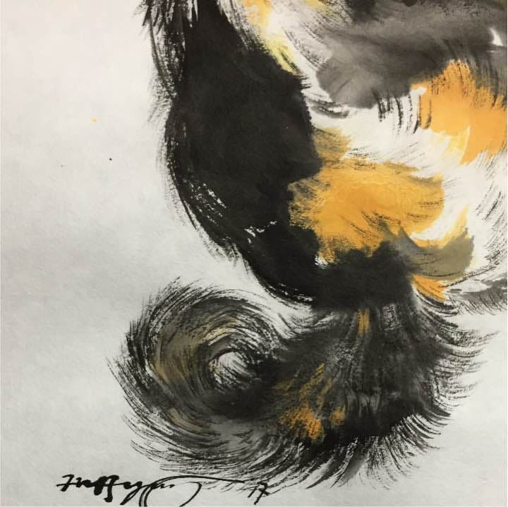 振り向く三毛猫、和紙25,4см×36,4cm