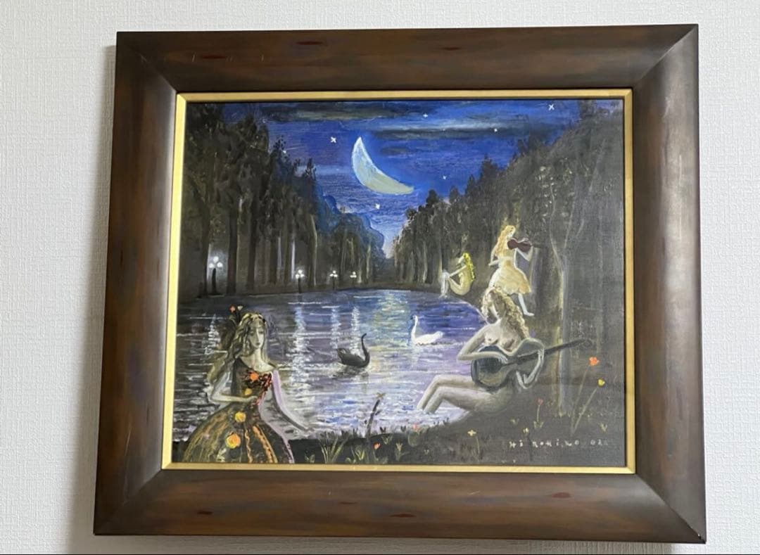 織田広比古 油彩 F10号 『星空と白鳥』 真作 共シール額装 直筆サインあり