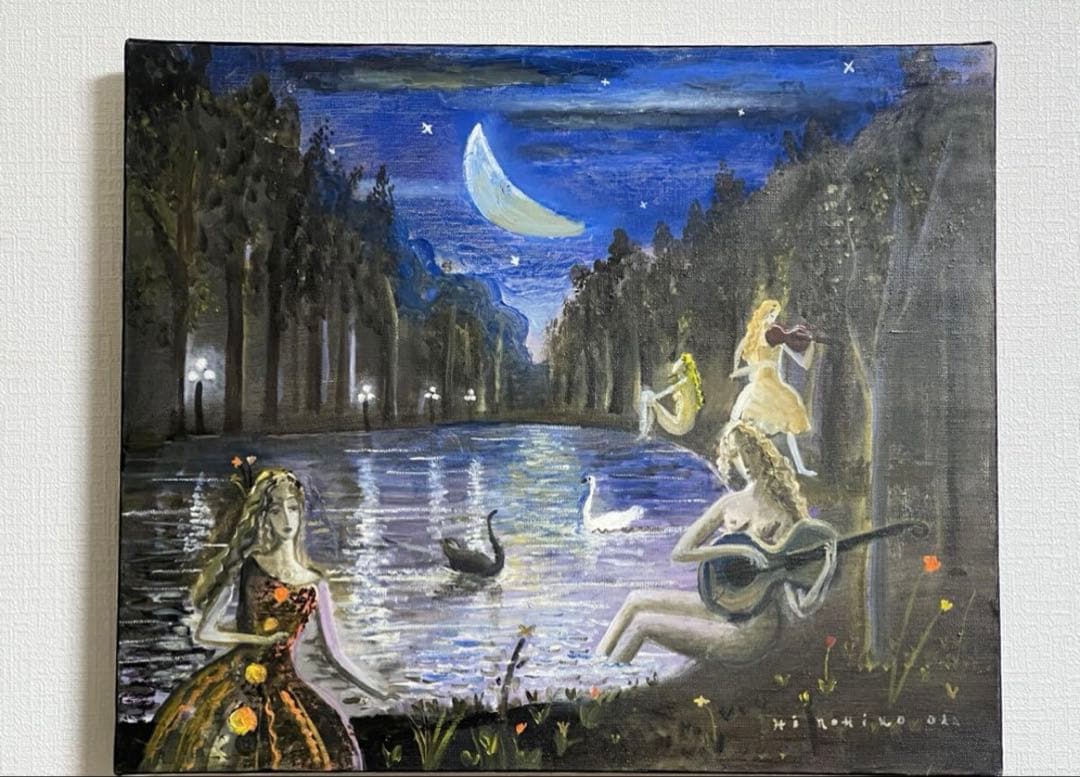 織田広比古 油彩 F10号 『星空と白鳥』 真作 共シール額装 直筆サインあり