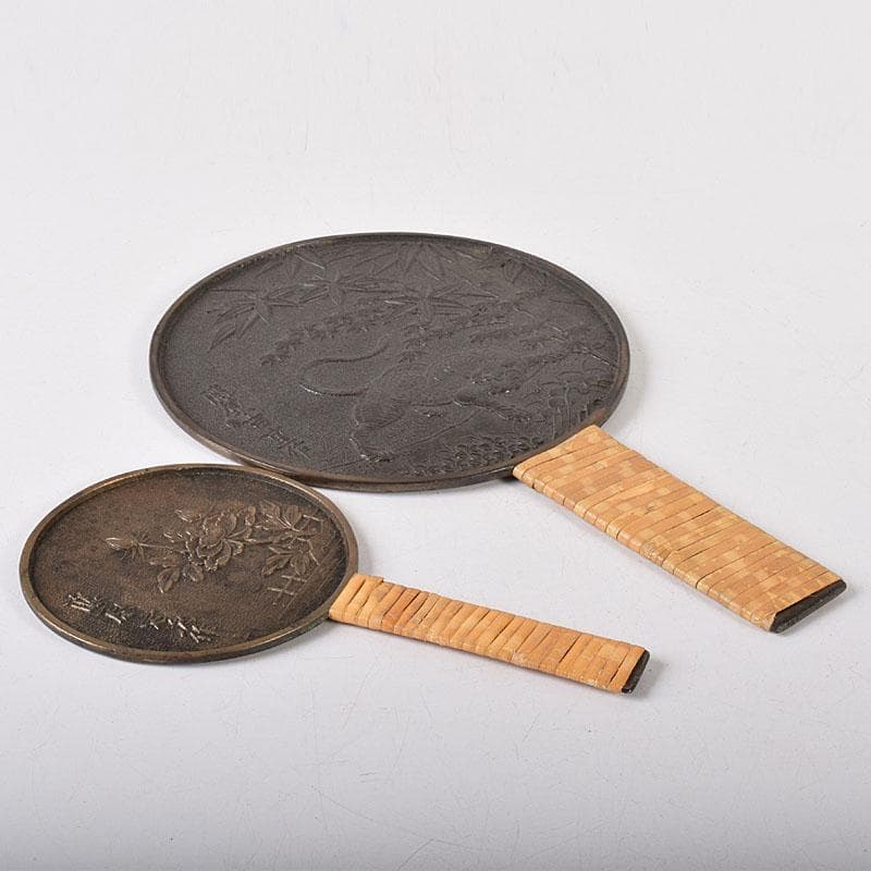 古銅青銅 藤原吉重造 竹虎図 藤原定次造 花図 銅鏡 柄