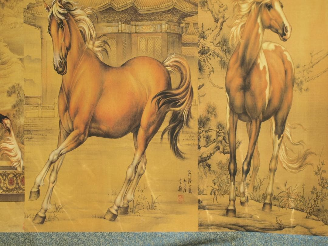 中国古美術 清時代 乾隆八駿図 人物掛け軸 激安骨董品 捲りBD682A13-