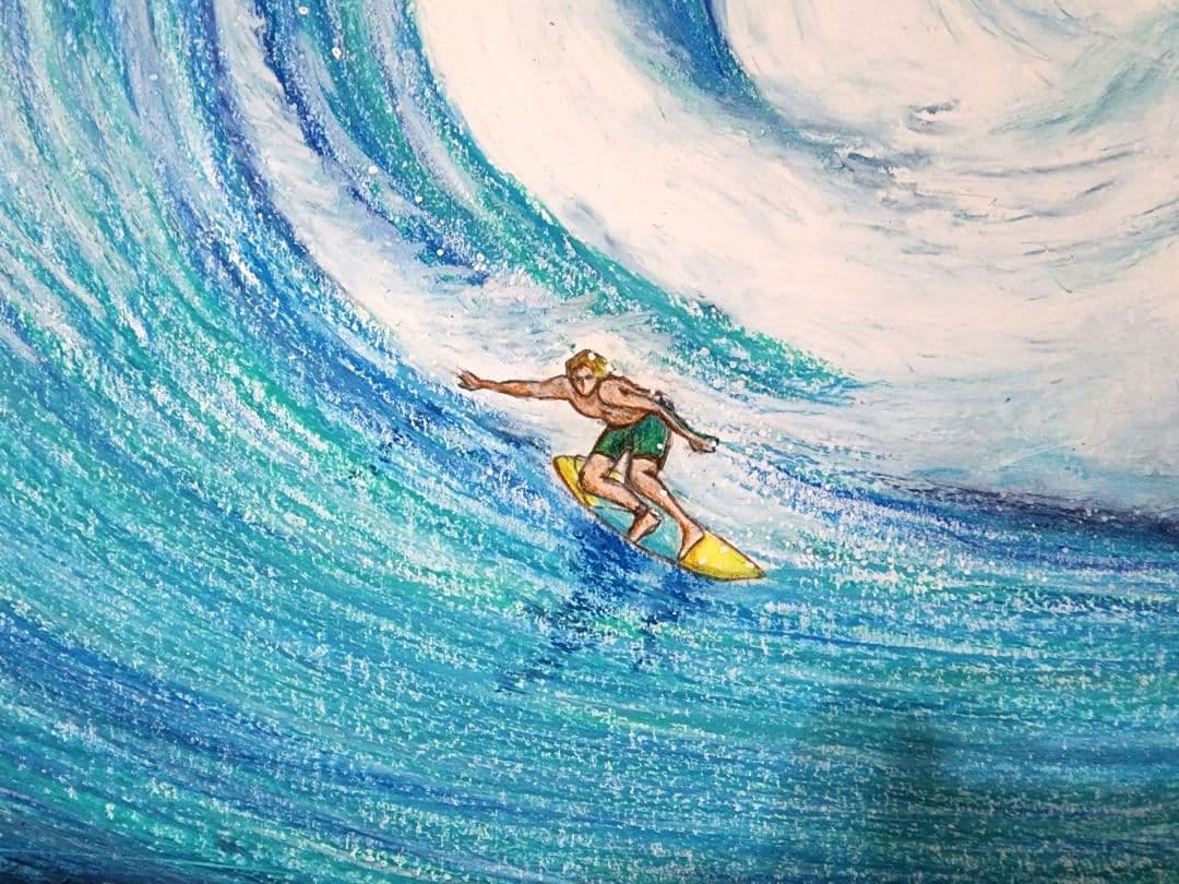 海の絵　サーフィン　パステル画