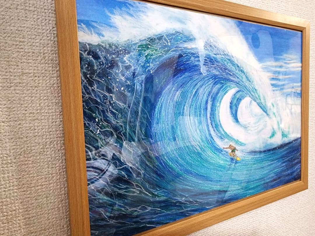海の絵　サーフィン　パステル画