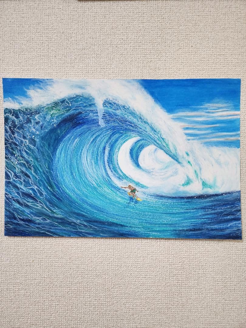 海の絵　サーフィン　パステル画