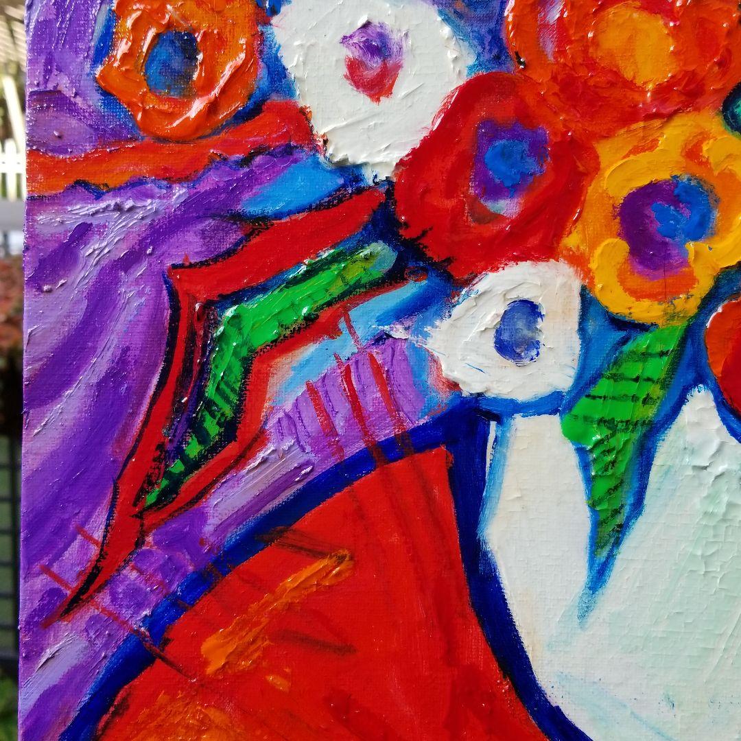 油絵 専用 赤いテーブルに置いた花瓶のお花 抽象画