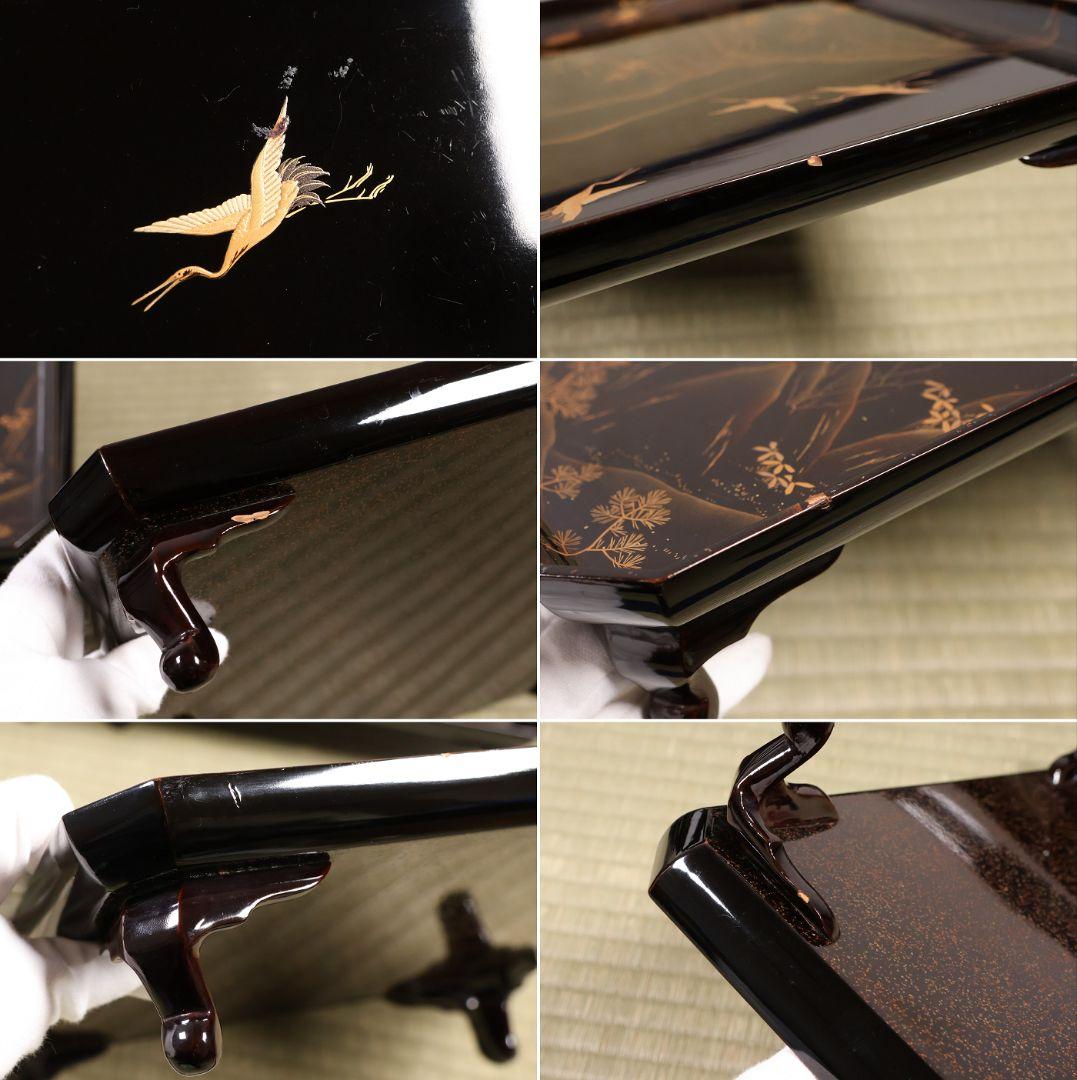 漆芸 山水松竹梅 蝋色塗硯蓋形座附膳 十客 金蒔絵 四方膳 蓬莱鶴亀【CM390