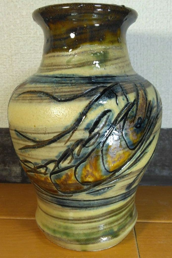 人間国宝 金城次郎 海老魚紋花瓶 栞 共箱 壺屋焼 壷屋焼 美品 晩年作