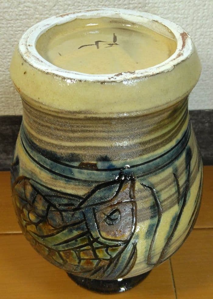 人間国宝 金城次郎 海老魚紋花瓶 栞 共箱 壺屋焼 壷屋焼 美品 晩年作