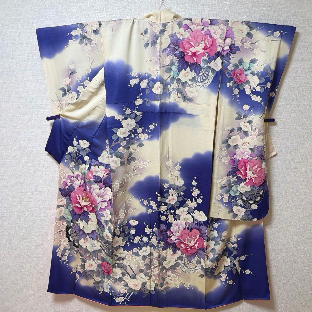 20 振袖フルセット 正絹 ブルー 青紫 赤紫 銀彩 刺繍 暈し染め 華やか