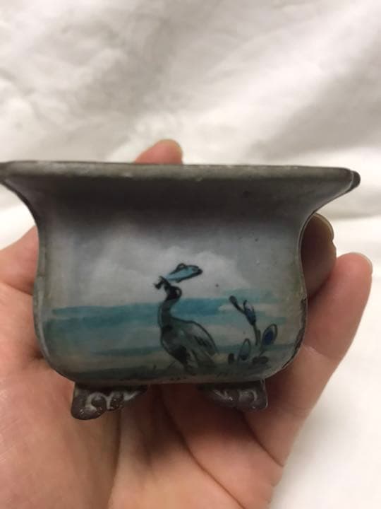 盆栽鉢 時代希少名工陶翠絵付け五彩色隅入り袋長方