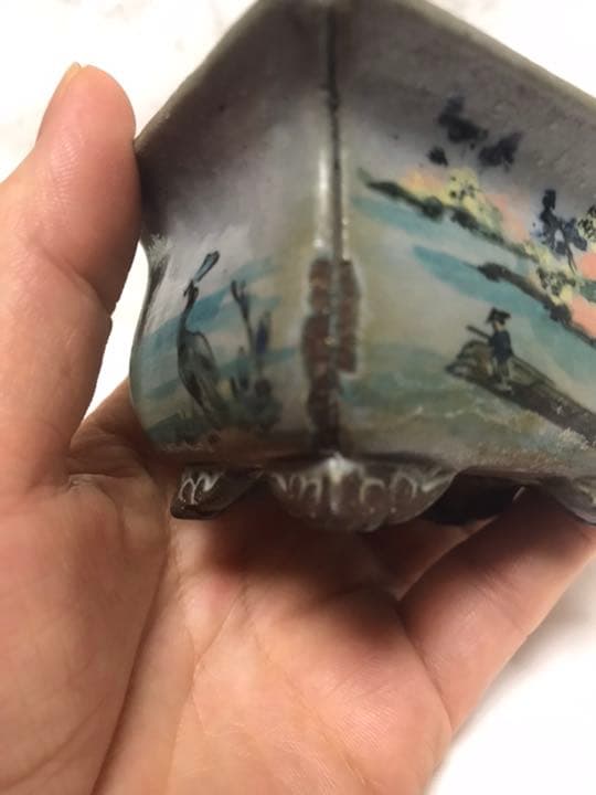 盆栽鉢 時代希少名工陶翠絵付け五彩色隅入り袋長方鉢泥鉢ミニ盆栽鉢豆