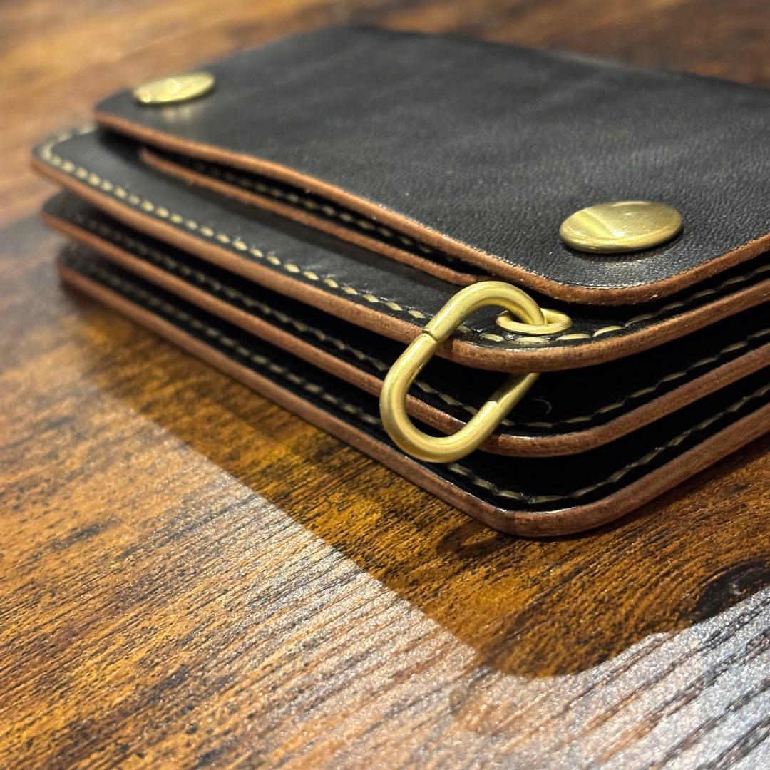 栃木レザー　ミドル　トラッカーウォレット　茶芯ブラック　3層