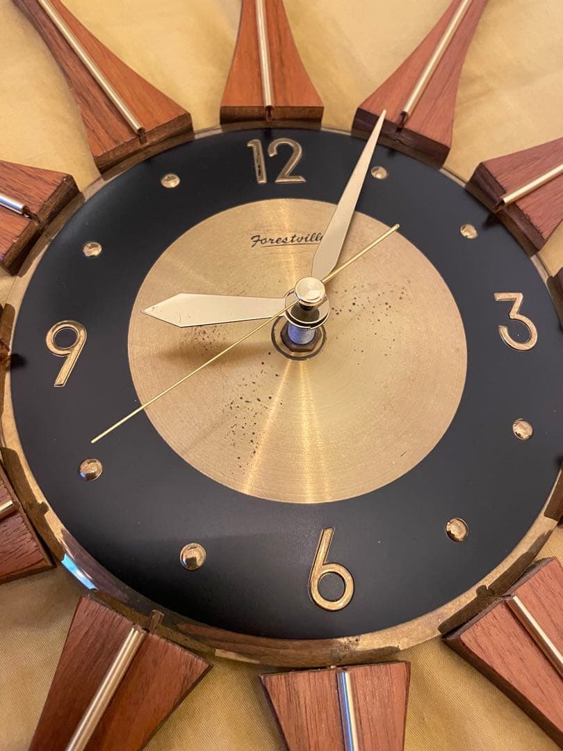 米国 フォレストビル チーク材 真鍮 60s サンバーストクロック 壁掛け時計