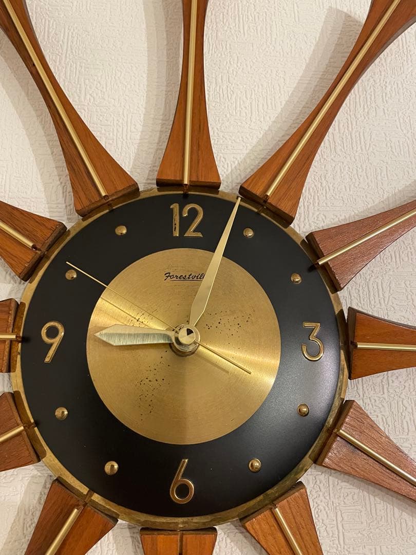 米国 フォレストビル チーク材 真鍮 60s サンバーストクロック 壁掛け時計