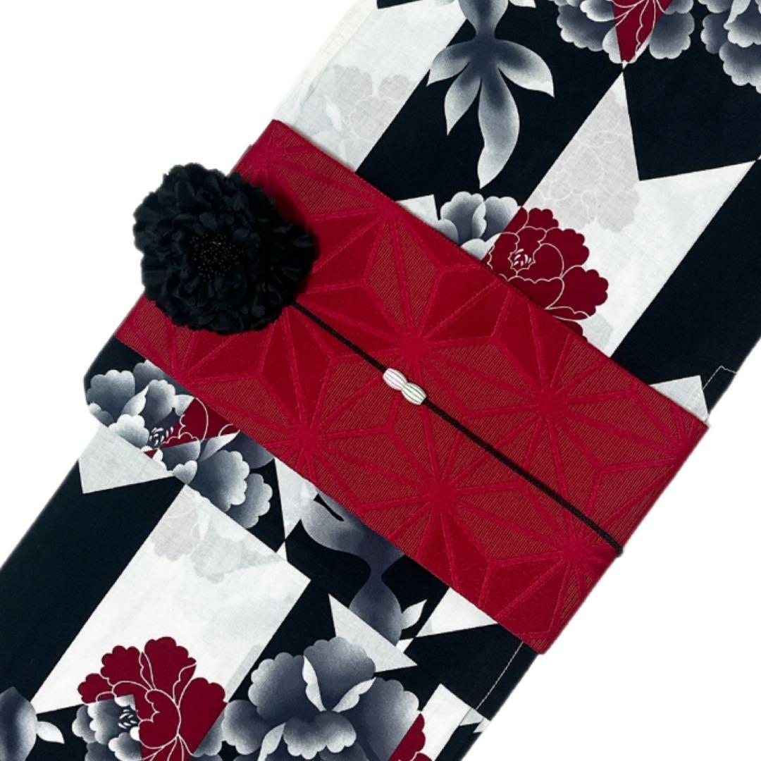 SALE 浴衣ジェンヌ 浴衣5点セット 黒×白 矢絣 矢羽 半幅帯 下駄 赤