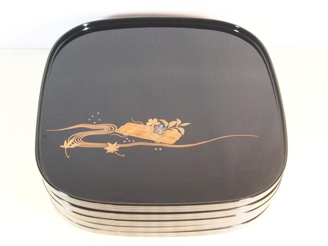 【未使用】輪島塗 曽我路幸 花筏蒔絵 くつわ型卓上膳 5客 懐石膳/会席膳 漆器