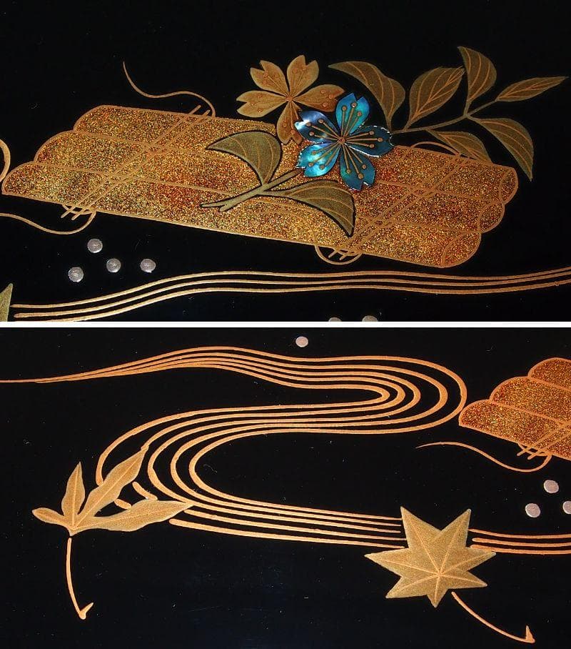 【未使用】輪島塗 曽我路幸 花筏蒔絵 くつわ型卓上膳 5客 懐石膳/会席膳 漆器