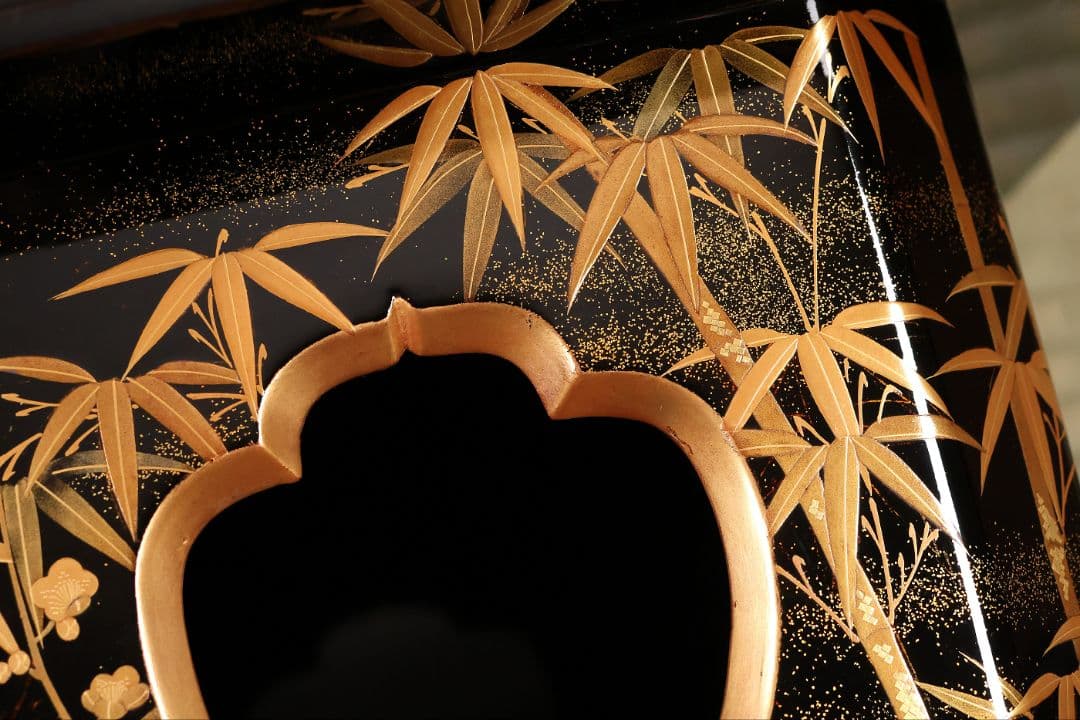 漆芸 松竹梅鶴金蒔絵 花七宝 三宝台 三方台 天然木製漆塗 供物台【MB111】