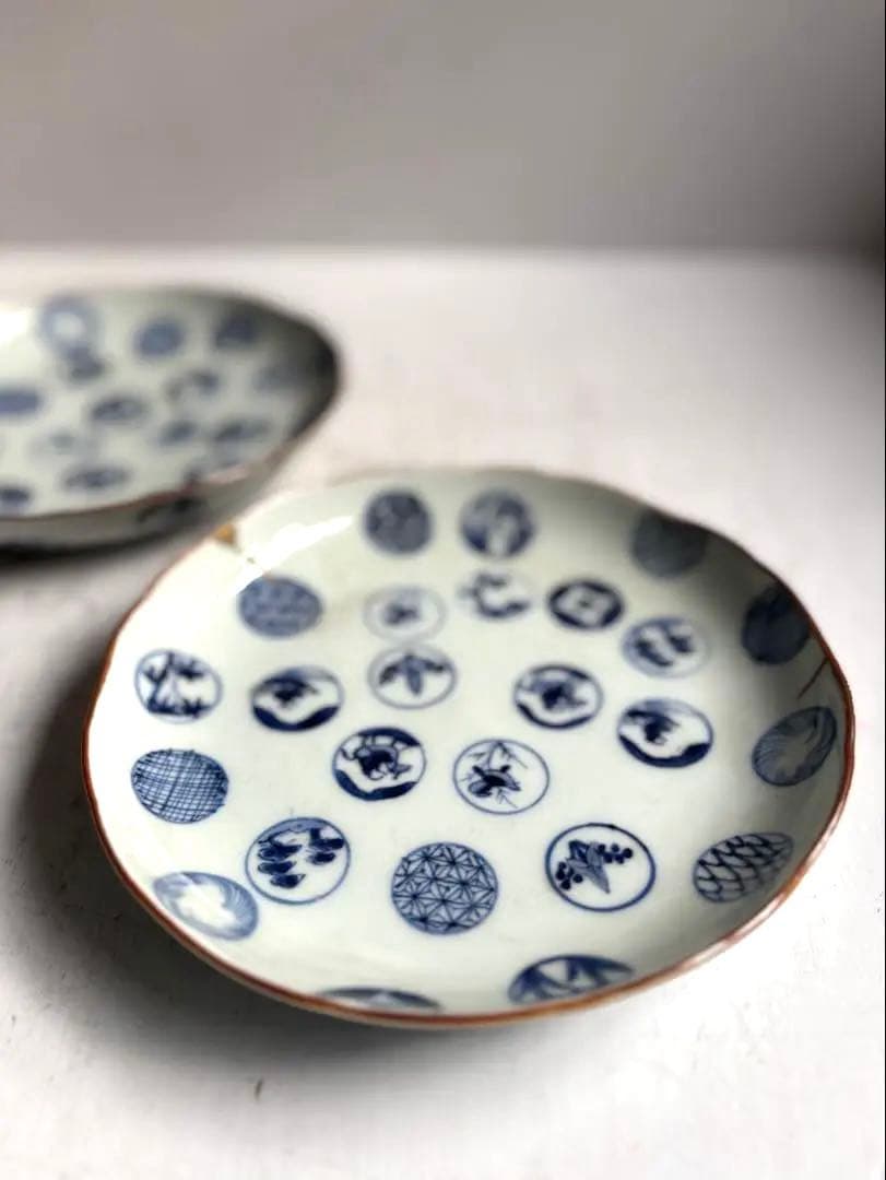 679 骨董 古伊万里 太明成化年製 丸紋染付5寸皿 2点組 幕末 金継ぎ