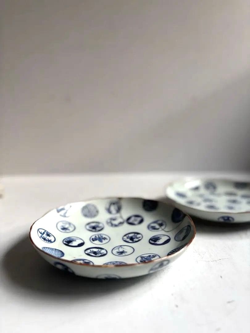 679 骨董 古伊万里 太明成化年製 丸紋染付5寸皿 2点組 幕末 金継ぎ