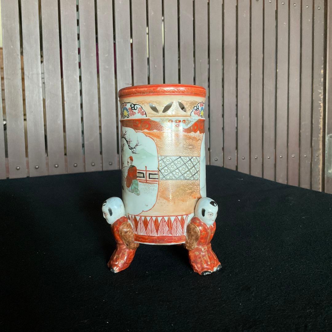 九谷焼　唐子三つ足筆筒　古九谷焼 赤絵金彩鳳凰文三つ足筆筒 九谷赤絵