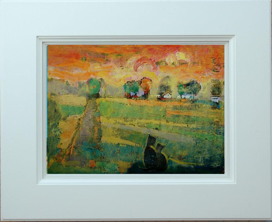 油絵 菅家令子 絵 絵画 インテリアuF6-070919 夕陽(朝陽)と猫の親子