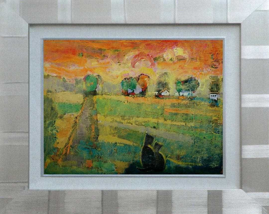 油絵 菅家令子 絵 絵画 インテリアuF6-070919 夕陽(朝陽)と猫の親子