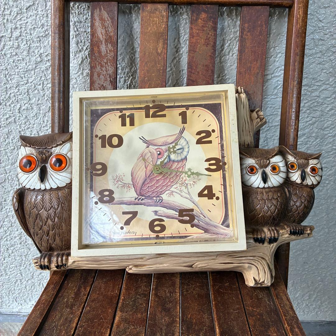 レアBIG！60s〜70s フクロウ親子の壁掛け時計　梟アメリカアンティーク雑貨 ふくろう フクロウ OWL 親子 ウォールクロック 壁掛け時計