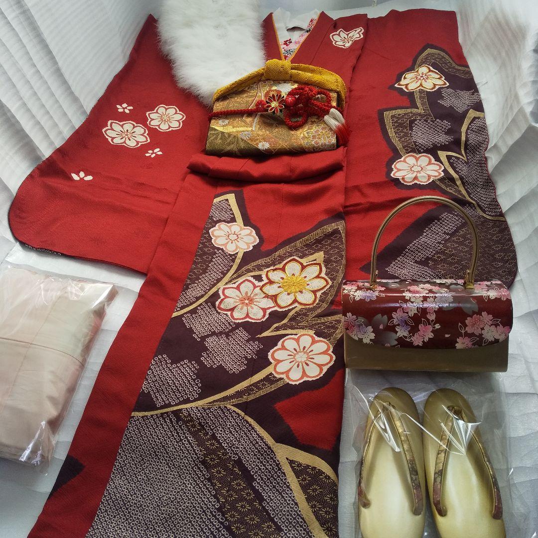 朱赤正絹振袖フルセット等 袋帯 帯締め 帯揚げ 半襟 重ね襟 成人式卒業