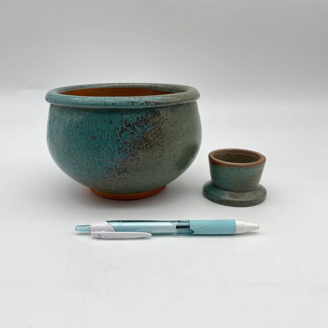 鳥取民藝　牛ノ戸焼　緑釉　建水　こぼしと蓋置のセット　茶道具