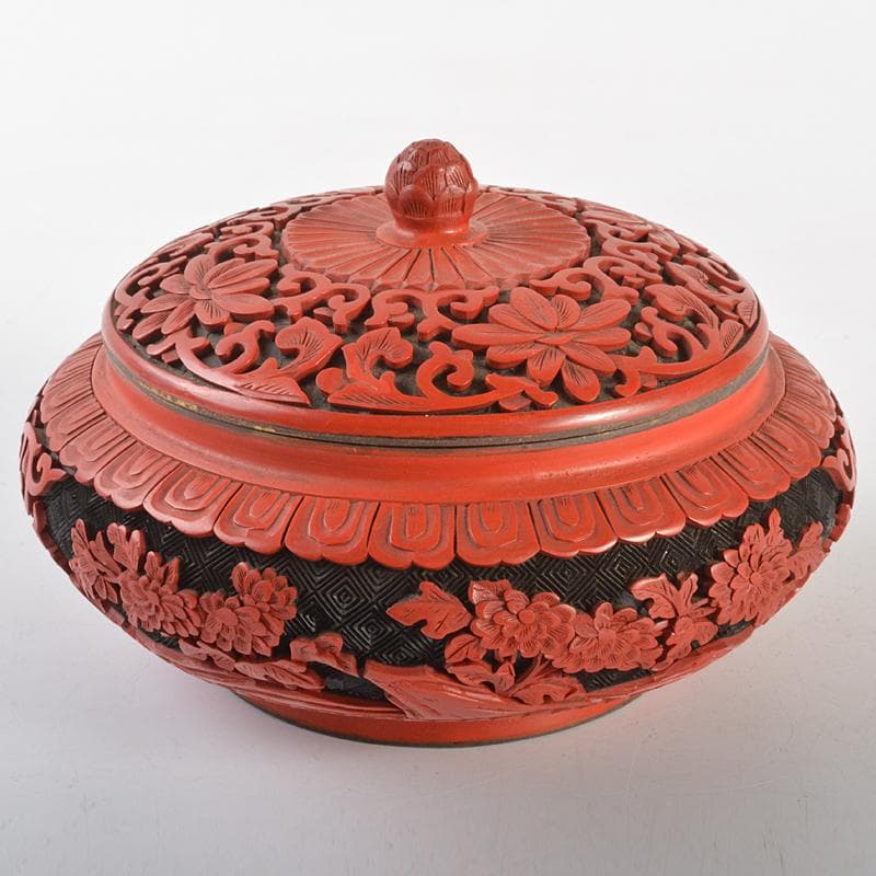中国　剔紅　堆朱　堆黒　内七宝　花文　蓋物　M　R6751