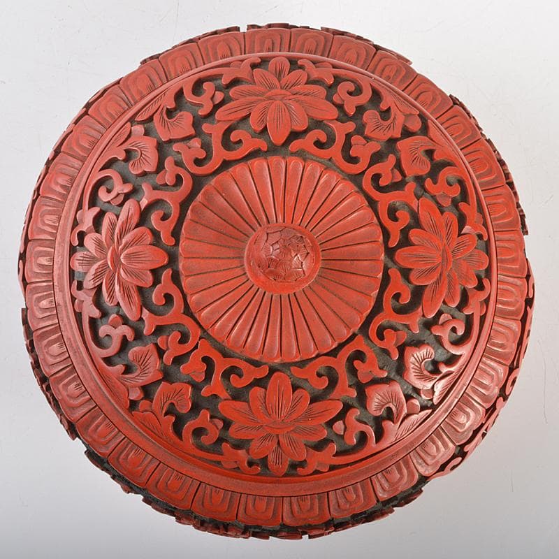 中国　剔紅　堆朱　堆黒　内七宝　花文　蓋物　M　R6751