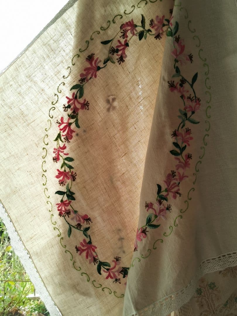 アンティークイギリスニードルワーク 紅花常磐万作 色糸刺繍 リネン