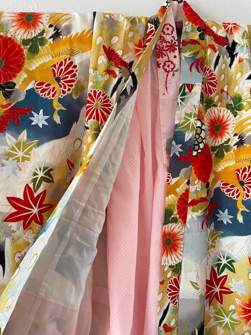 七五三 アンティークお着物セット 5.6歳さん向き　花柄・黒ブーツ　髪飾り付