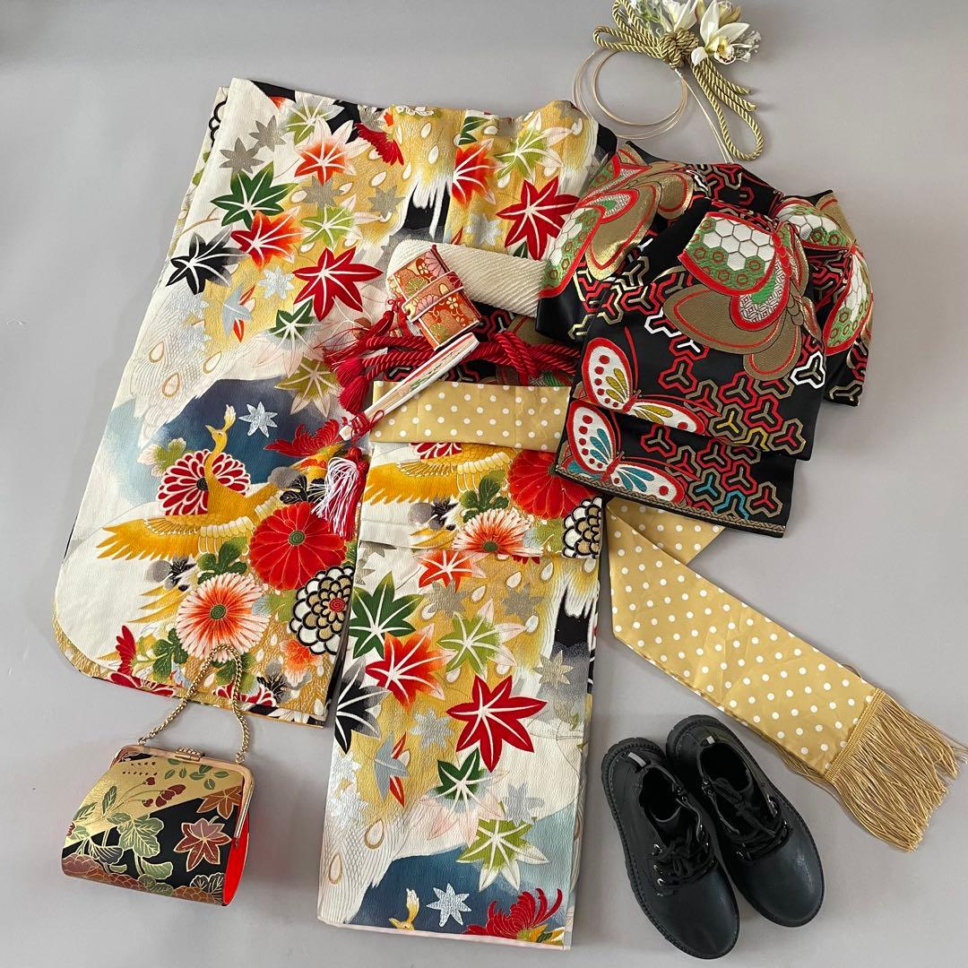 七五三 アンティークお着物セット 5.6歳さん向き　花柄・黒ブーツ　髪飾り付