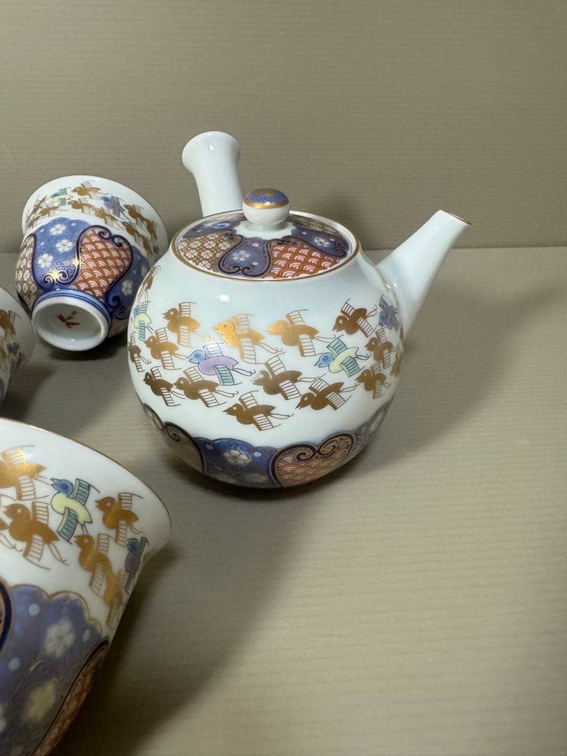 2170 其泉 賞美堂 金彩千鳥祥瑞 茶器セット 急須1客 湯呑5客