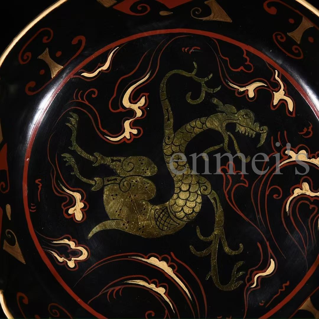 中国古美術・宋汝窯風・鎏金龍文葵口皿・中皿・純手描き・置物・陶器・茶道具・文房具