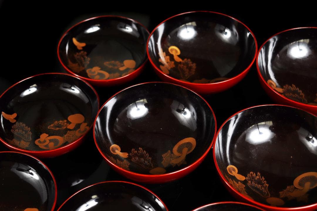 茶道具 見返松茸 蒔絵 吸物椀 十客 木箱 共箱　木製漆器