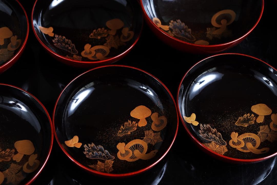 茶道具 見返松茸 蒔絵 吸物椀 十客 木箱 共箱　木製漆器